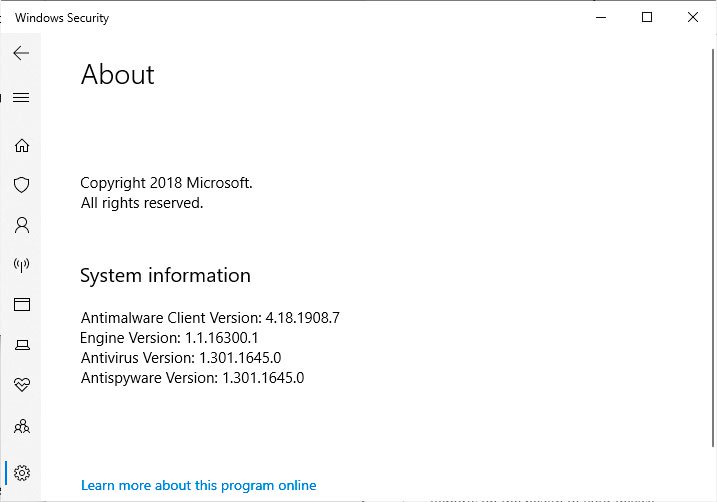 Windows Defender版本4.18.1908.7已安裝