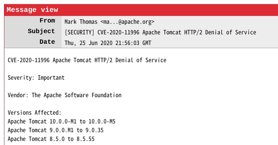 Apache Tomcat HTTP/2 DoS ©Ӱ푶(g)汾